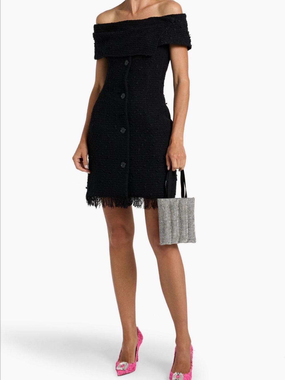 Oscar de la Renta Off-Shoulder Black Tweed Mini Dress